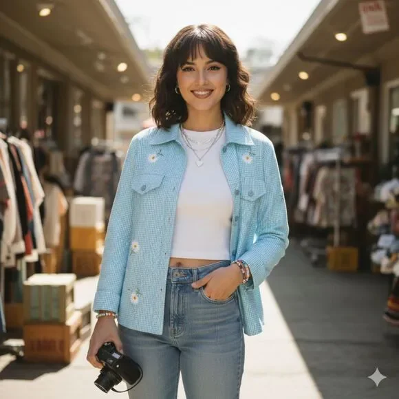 Quacker Factory Jacket Womens Small S Gingham Vintage Embroidered Floral Cotton - Picture 1 of 6